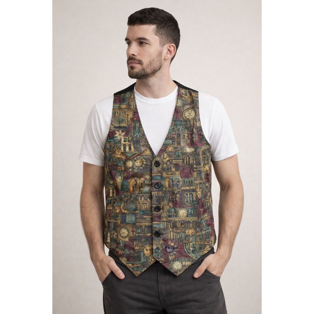 Sostanza Tapestry Vest Mens M Celestial Medieval Steampunk Print